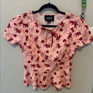 Collectif Pink and Red Heart Print Blouse